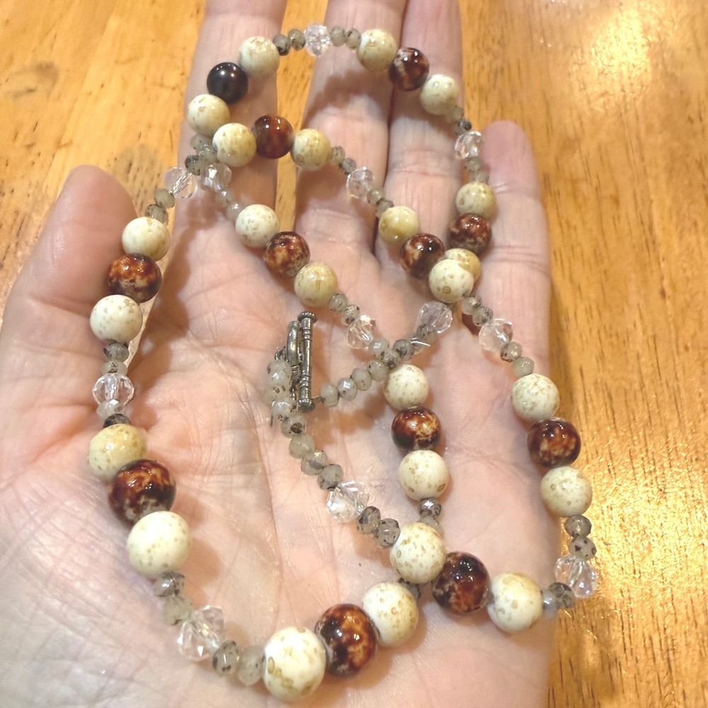 Earth Tone Natural Stone and Glass Beaded Necklace with Toggle Clasp 21.5 Inch